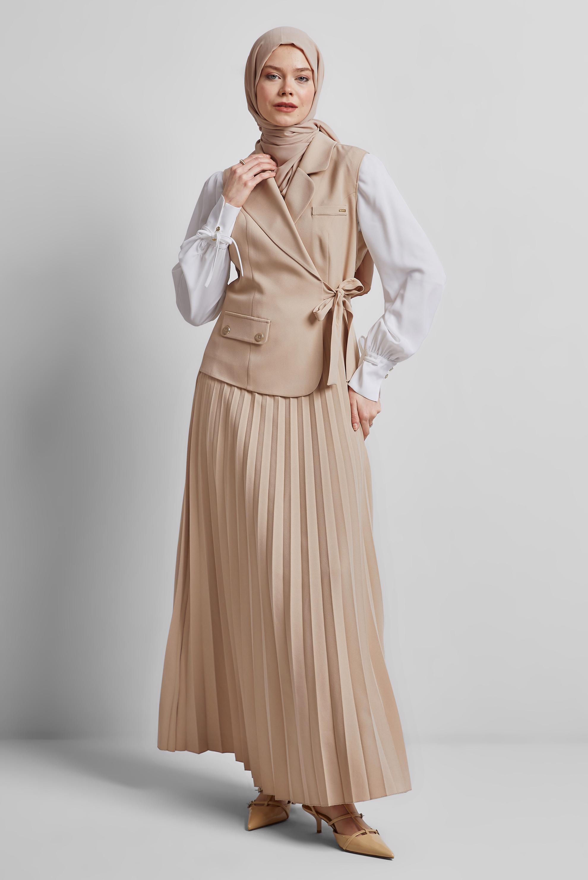 Tesettür giyim BEJ TUNİKLİ ELBİSELİ TAKIM 45330
