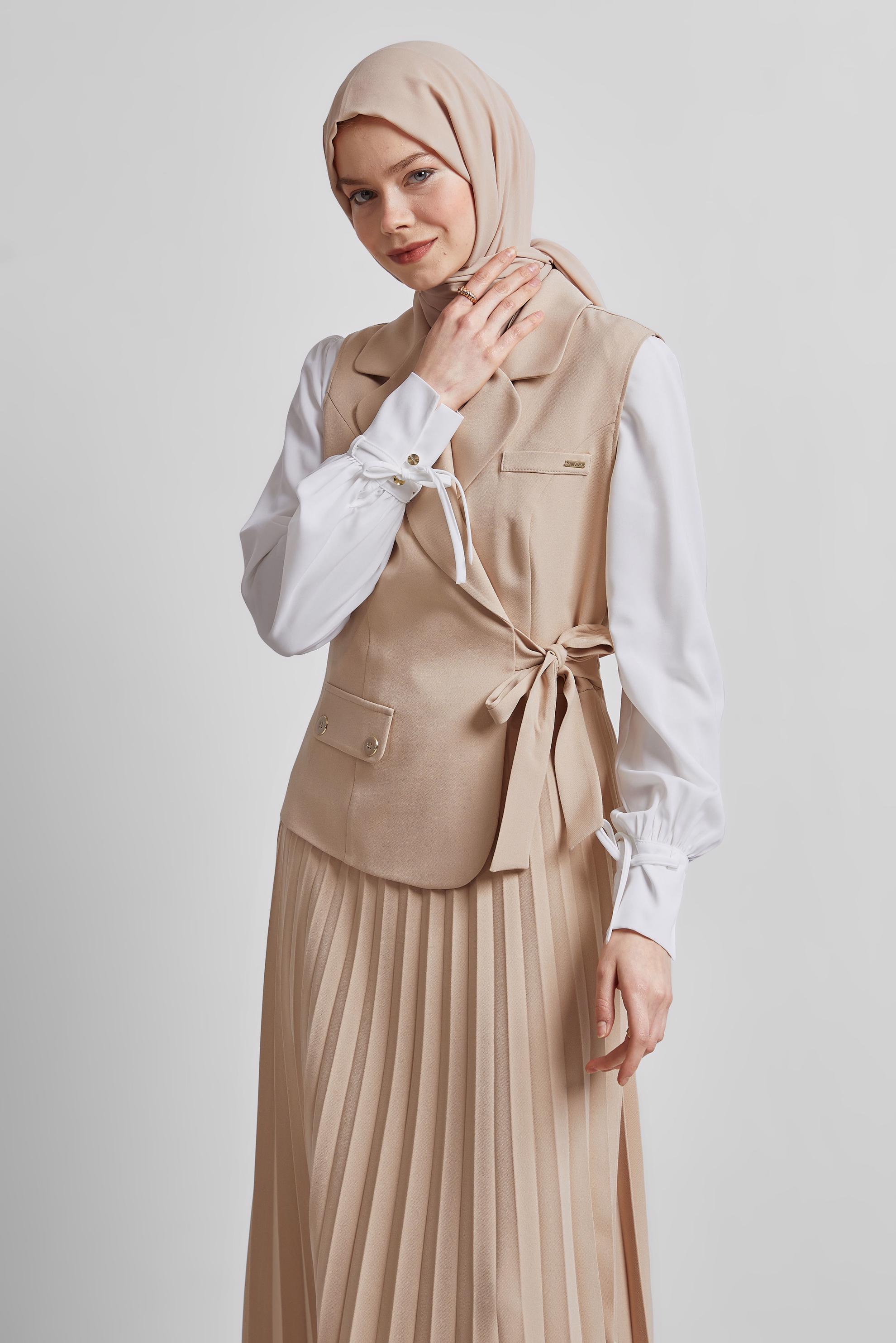 Tesettür giyim BEJ TUNİKLİ ELBİSELİ TAKIM 45330