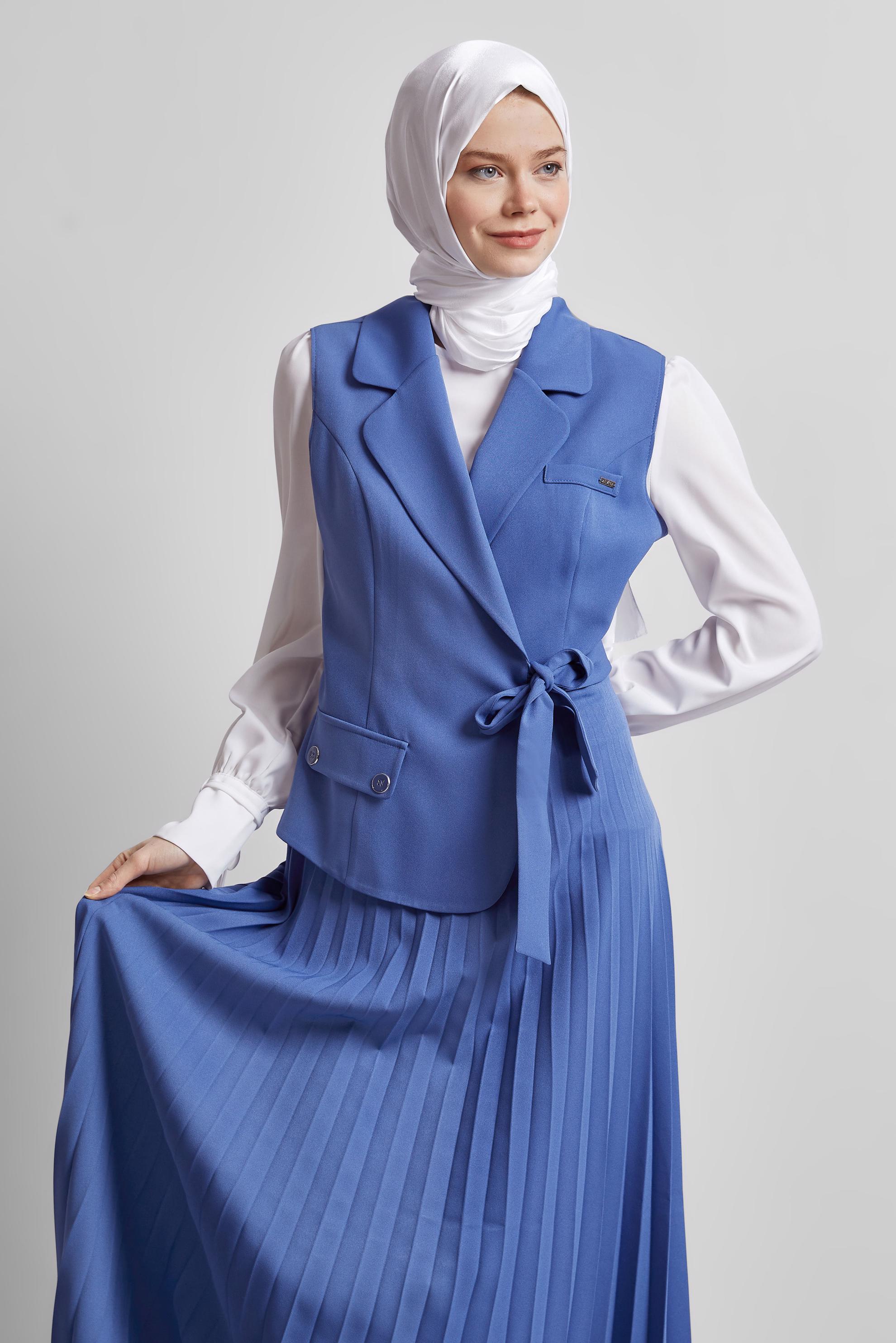 Tesettür giyim MAVİ TUNİKLİ ELBİSELİ TAKIM 45330