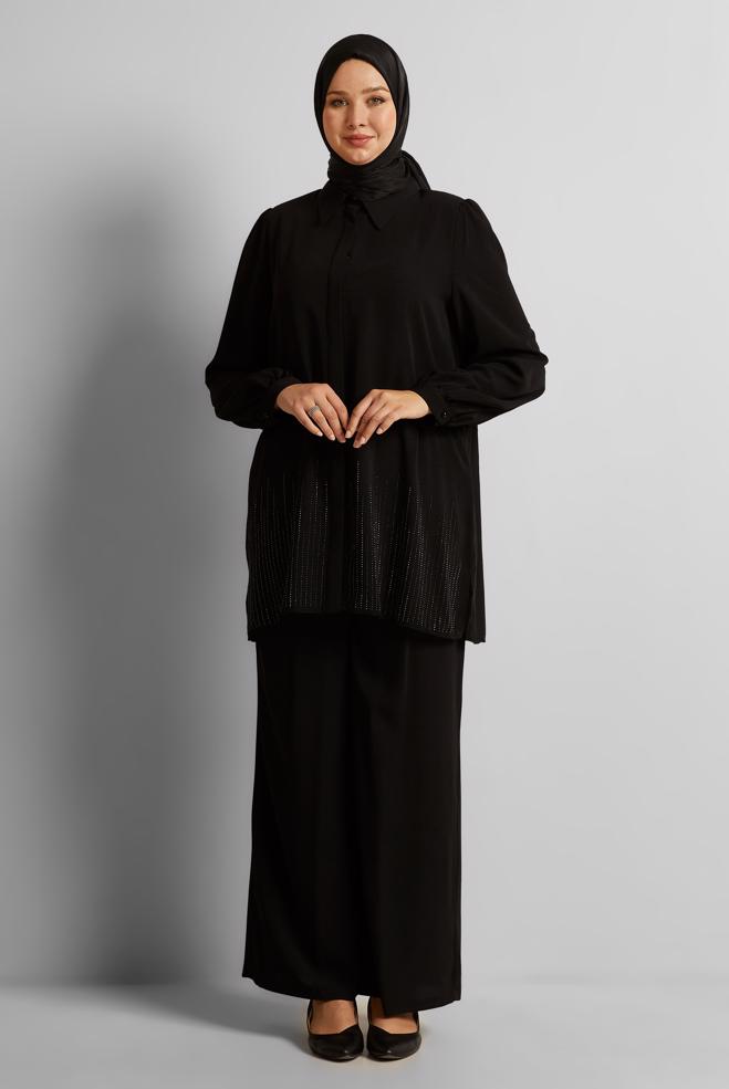 Vêtements hijab NOIR COSTUME PANTALON AVEC BIJOU 20713 - ALVİNA