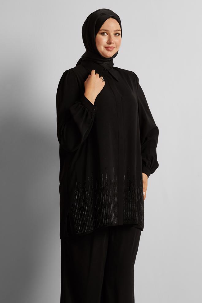 Vêtements hijab NOIR COSTUME PANTALON AVEC BIJOU 20713 - ALVİNA