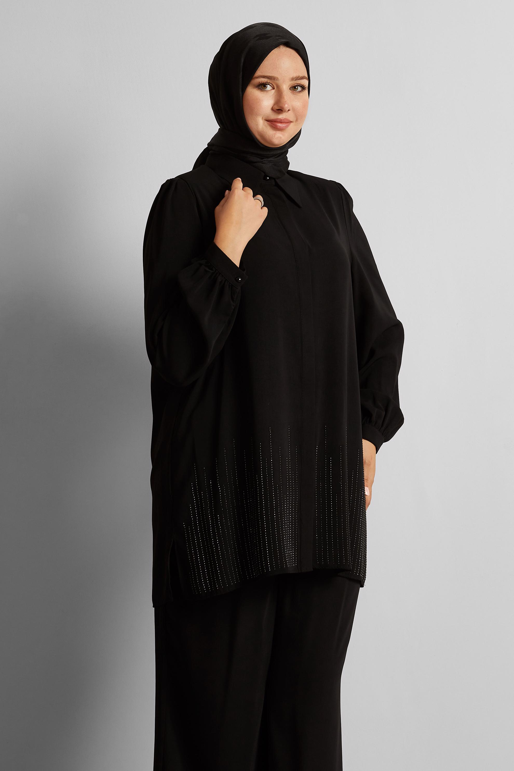 Tesettür giyim SİYAH TAŞLI BÜYÜK BEDEN PANTOLONLU TAKIM 20713