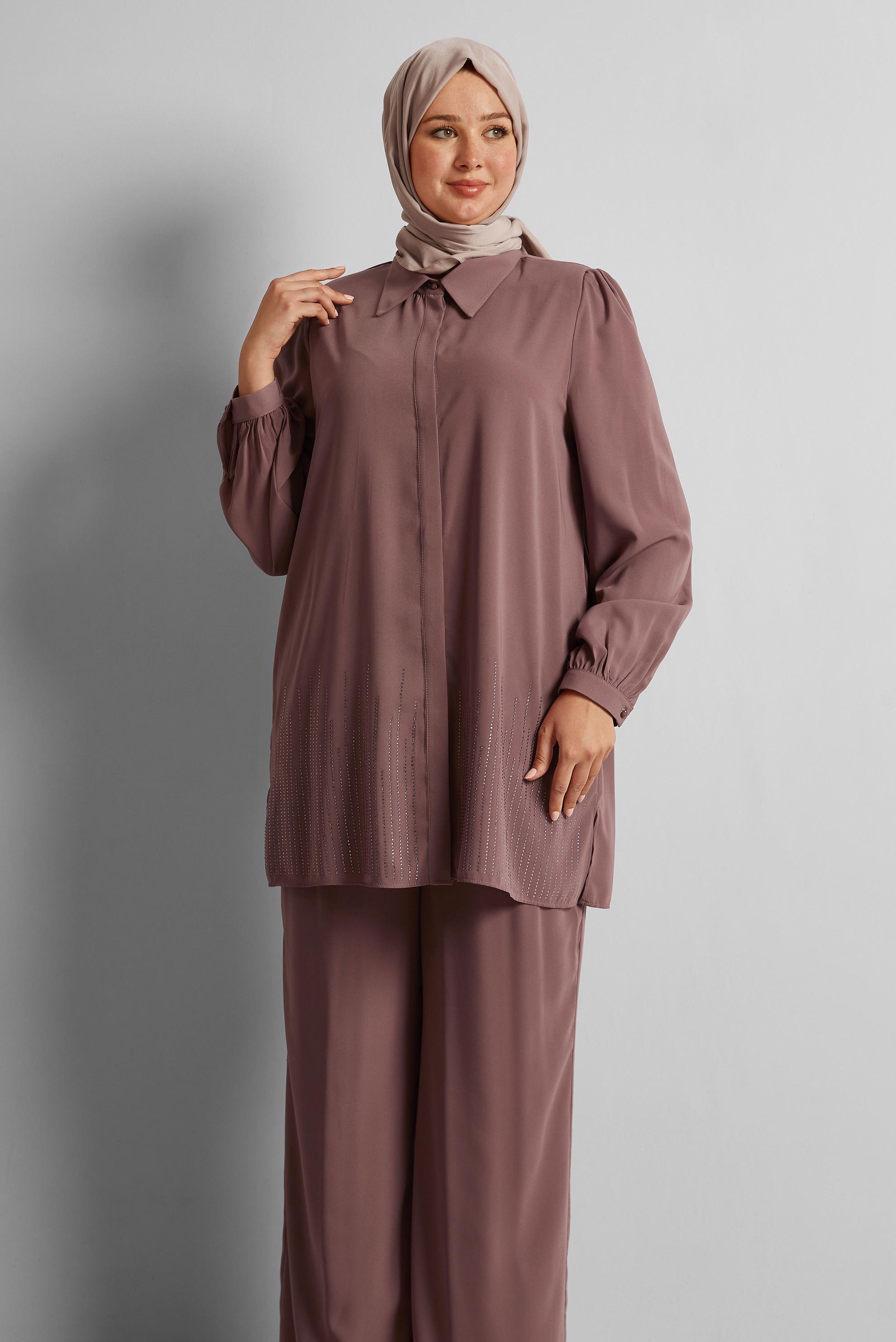 Tesettür giyim PEMBE TAŞLI BÜYÜK BEDEN PANTOLONLU TAKIM 20713