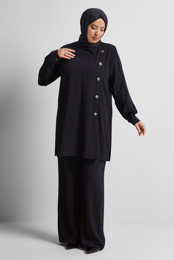 Vêtements hijab NOIR COSTUME PANTALON COL CHEMISE 20716 - ALVİNA