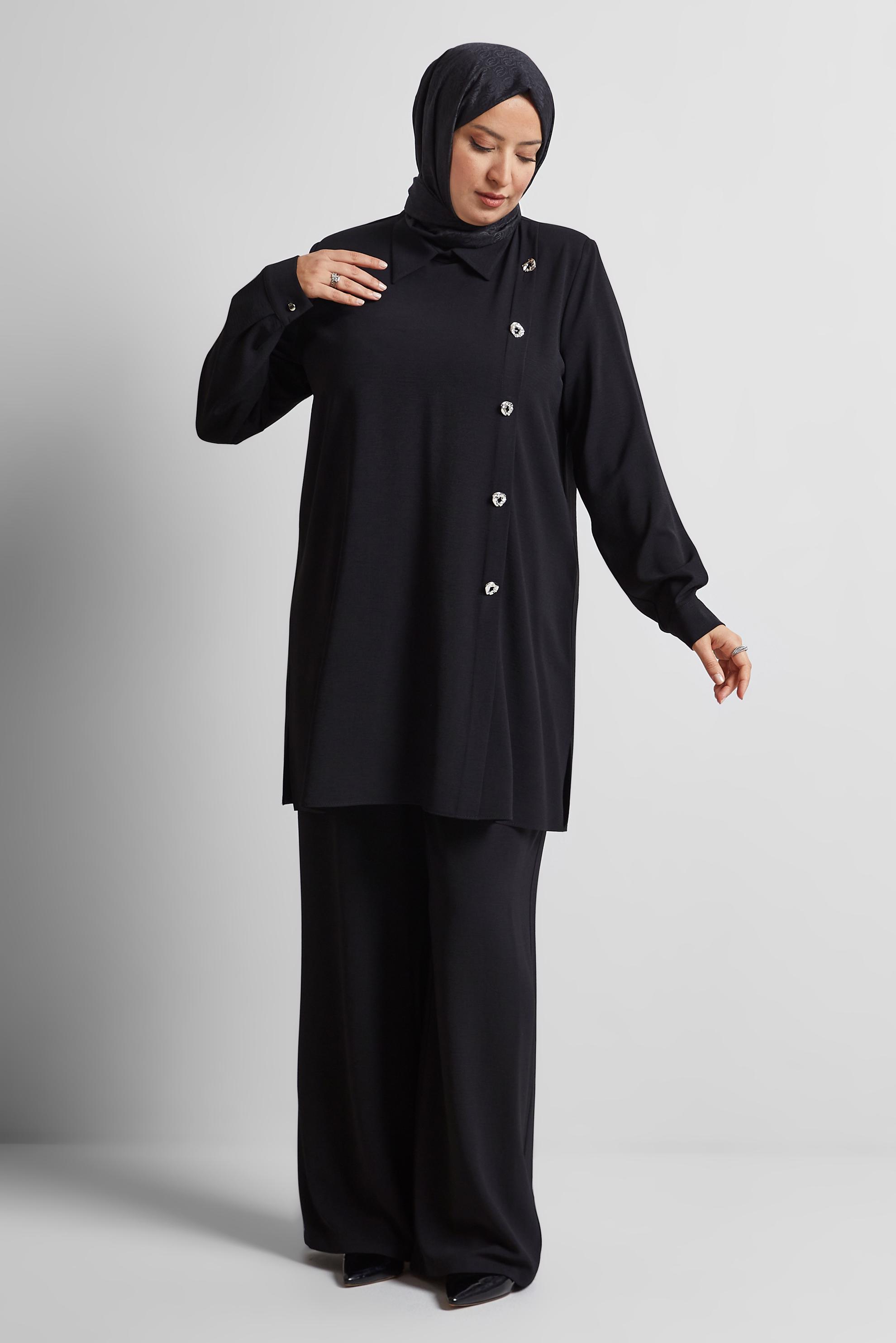 Vêtements hijab NOIR COSTUME PANTALON COL CHEMISE 20716