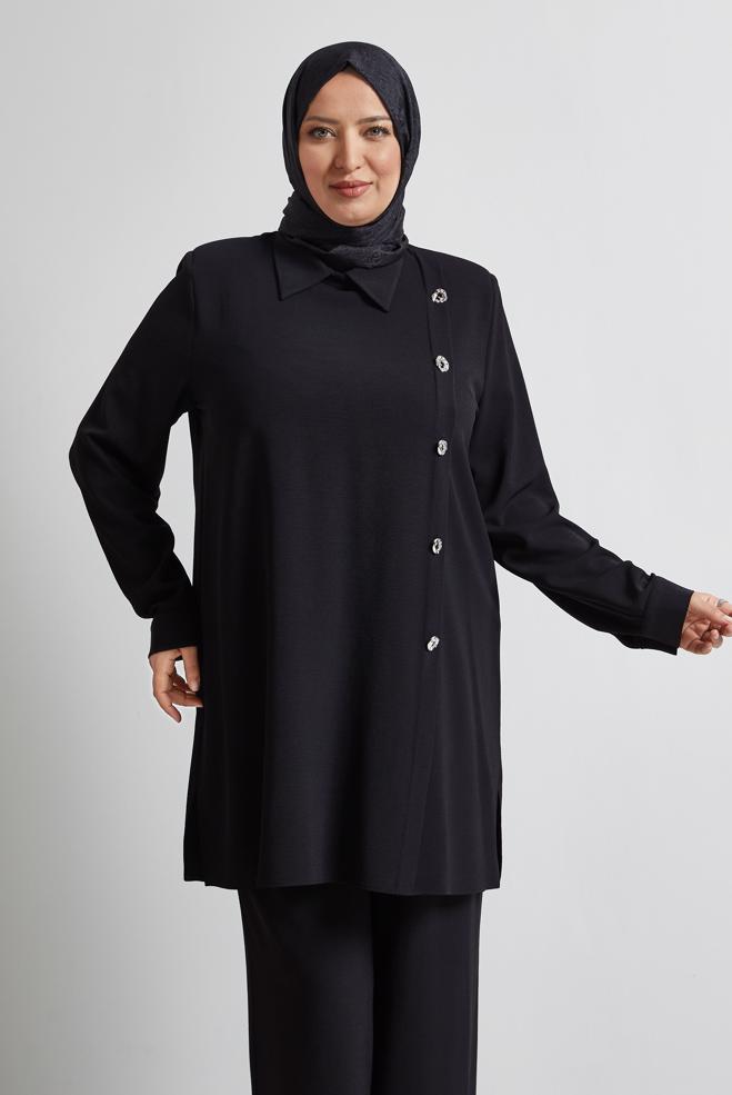 Vêtements hijab NOIR COSTUME PANTALON COL CHEMISE 20716 - ALVİNA