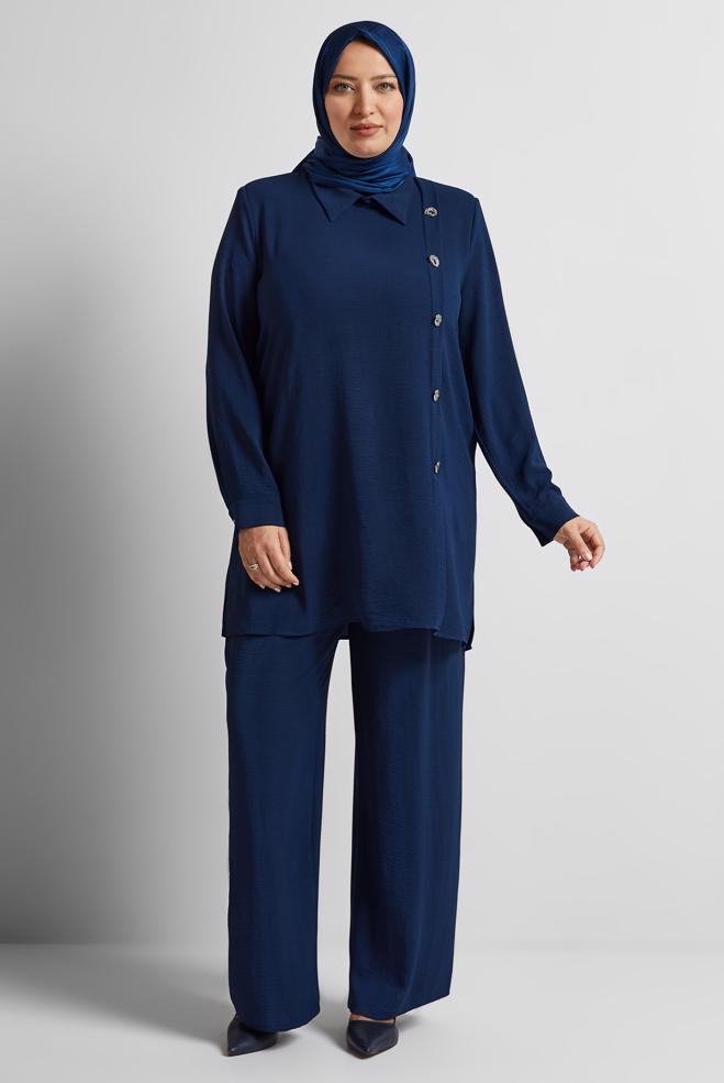 Vêtements hijab BLEU MARINE COSTUME PANTALON COL CHEMISE 20716 - ALVİNA
