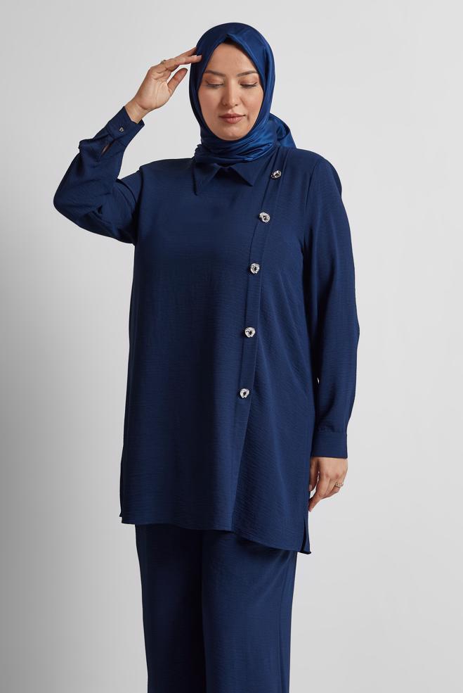 Vêtements hijab BLEU MARINE COSTUME PANTALON COL CHEMISE 20716 - ALVİNA