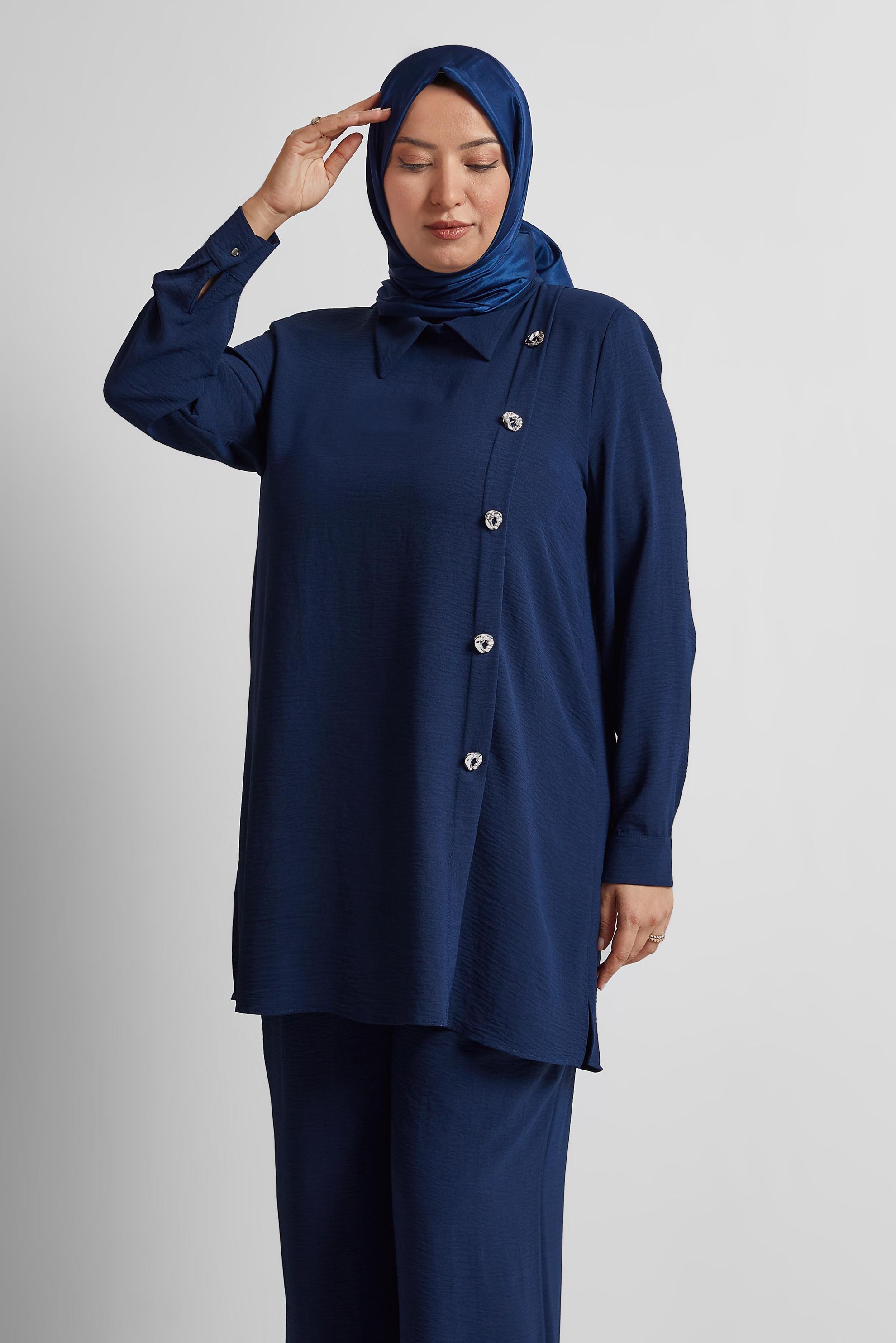 Vêtements hijab BLEU MARINE COSTUME PANTALON COL CHEMISE 20716