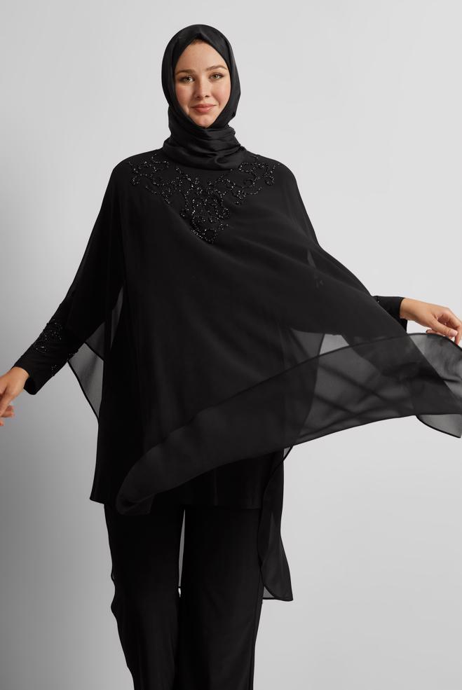 Vêtements hijab NOIR COSTUME PANTALON EN MOUSSELINE 20722 - ALVİNA