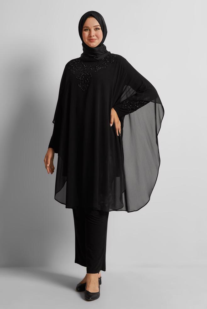 Vêtements hijab NOIR COSTUME PANTALON EN MOUSSELINE 20722 - ALVİNA