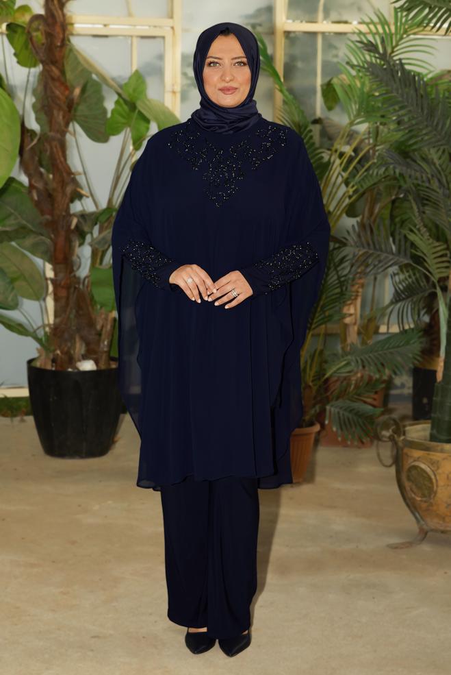 Vêtements hijab BLEU MARINE COSTUME PANTALON EN MOUSSELINE 20722 - ALVİNA