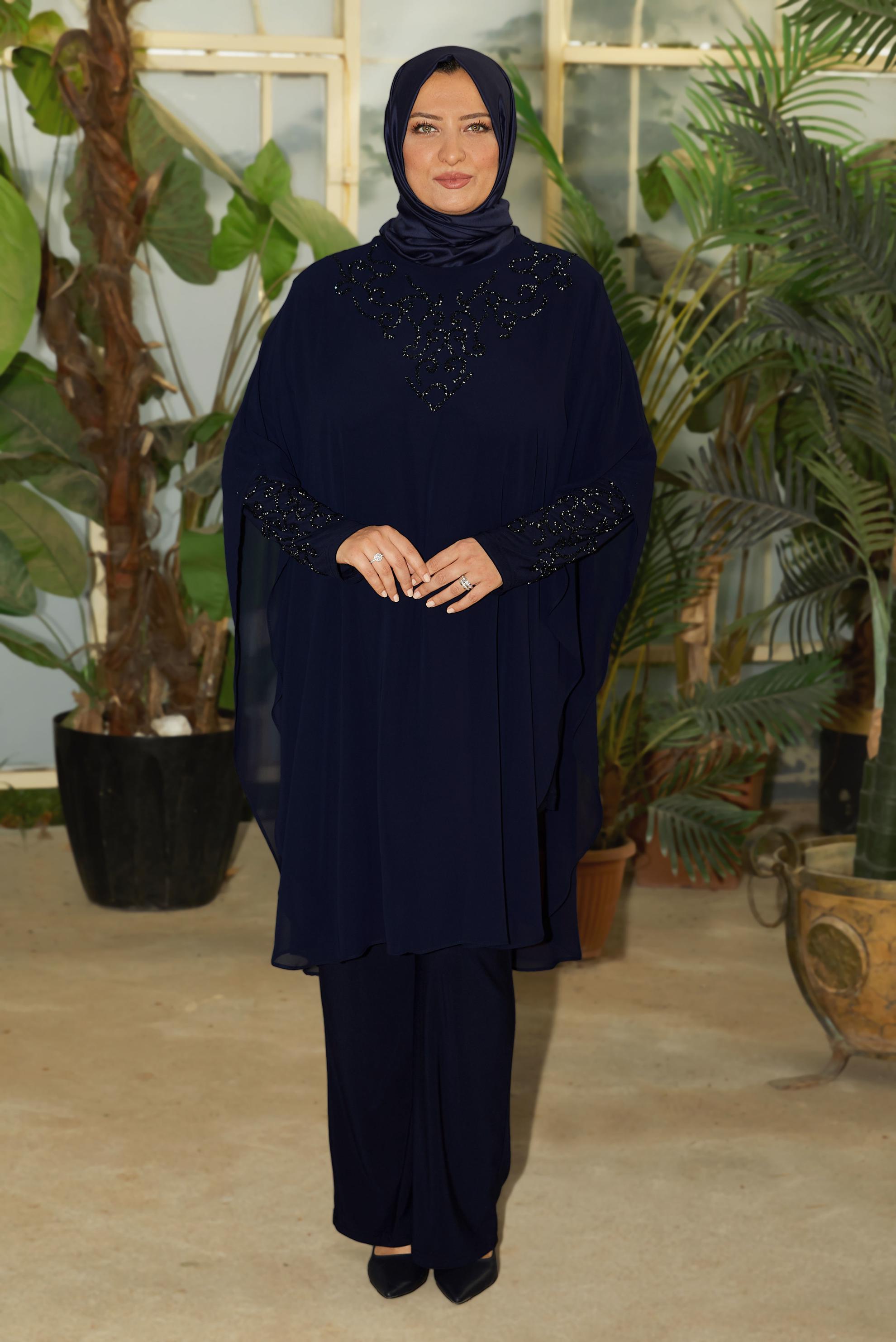 Tesettür giyim LACİVERT BÜYÜK BEDEN ŞİFON PANTOLONLU TAKIM 20722