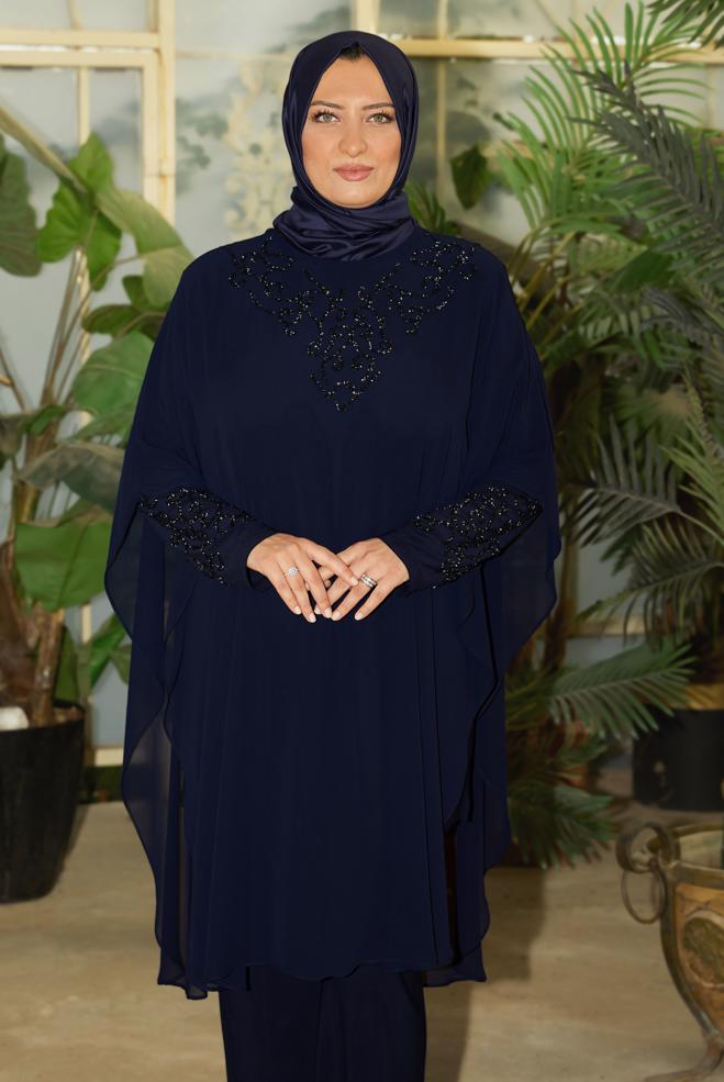 Vêtements hijab BLEU MARINE COSTUME PANTALON EN MOUSSELINE 20722 - ALVİNA