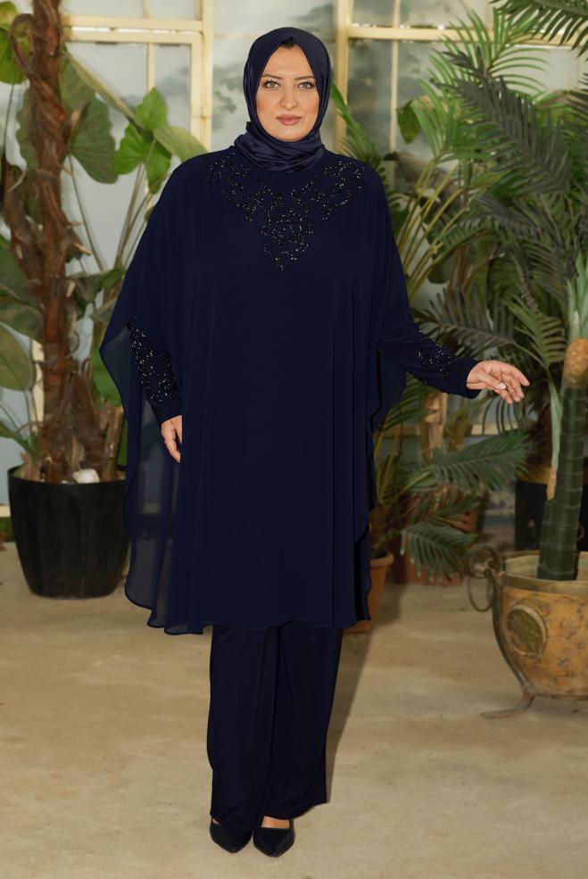 Vêtements hijab BLEU MARINE COSTUME PANTALON EN MOUSSELINE 20722 - ALVİNA