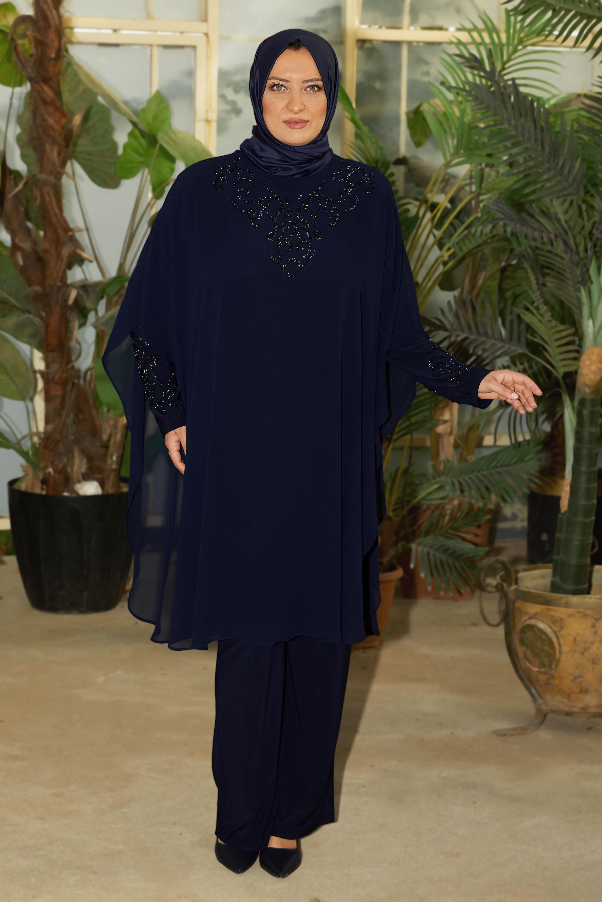 Tesettür giyim LACİVERT BÜYÜK BEDEN ŞİFON PANTOLONLU TAKIM 20722