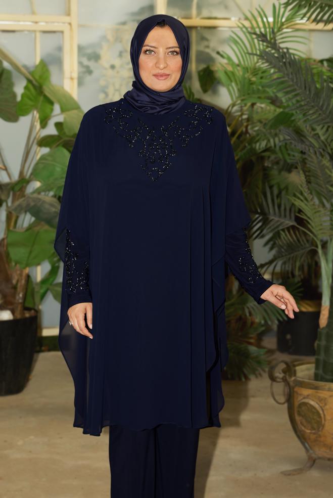 Vêtements hijab BLEU MARINE COSTUME PANTALON EN MOUSSELINE 20722 - ALVİNA