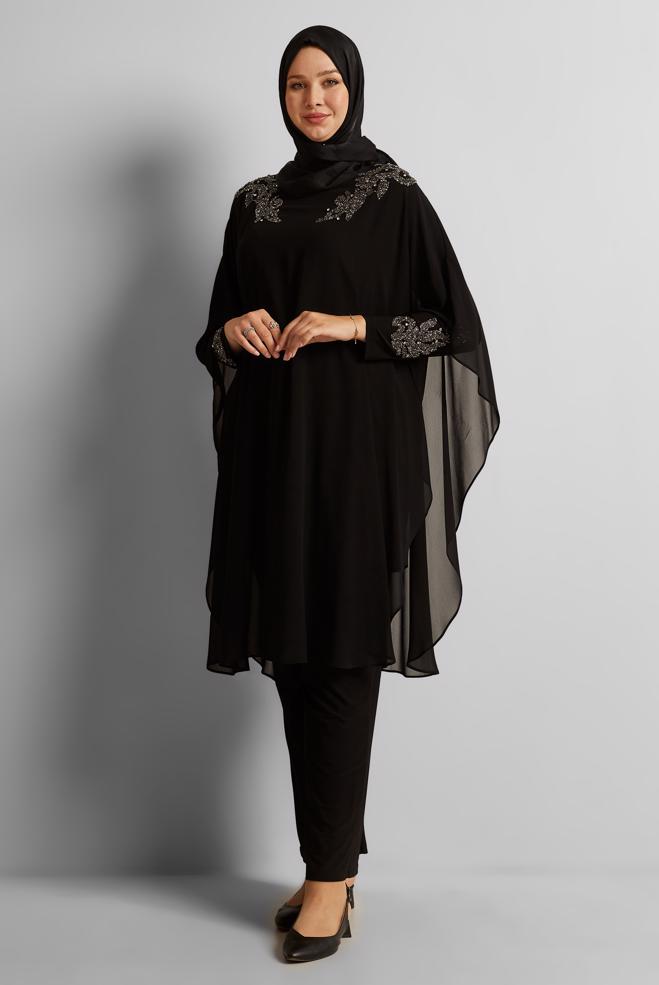Vêtements hijab NOIR COSTUME EN MOUSSELINE DE SOIE AVEC PANTALON 20723 - ALVİNA