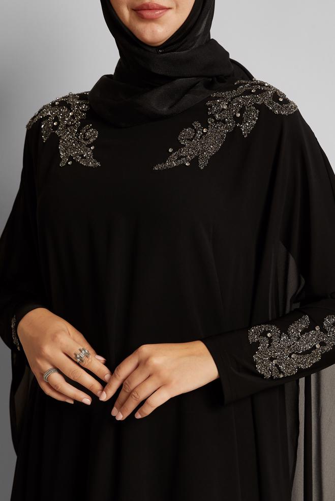 Vêtements hijab NOIR COSTUME EN MOUSSELINE DE SOIE AVEC PANTALON 20723 - ALVİNA