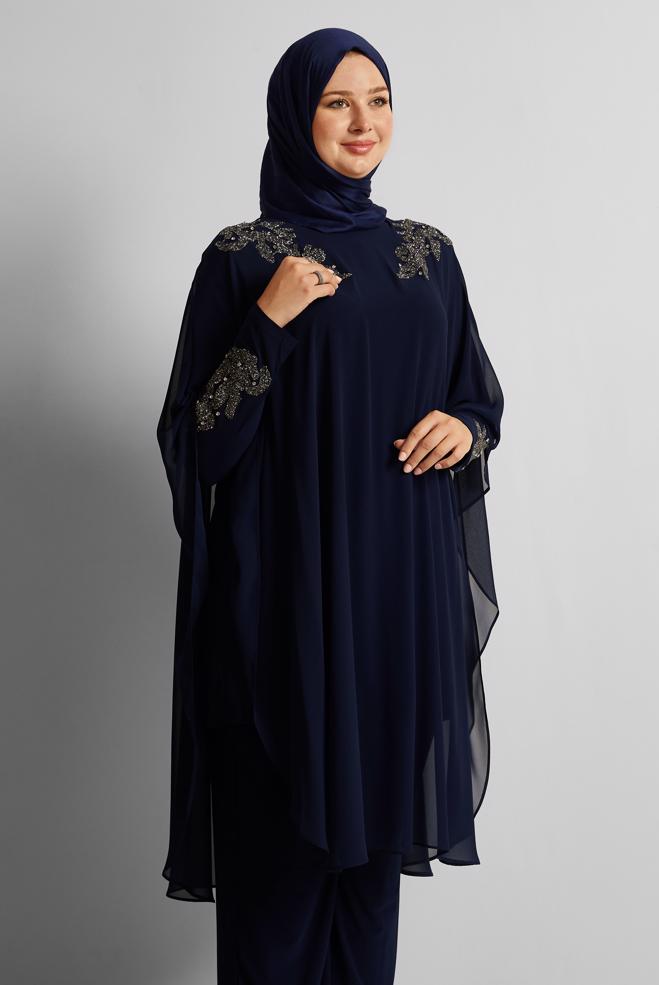 Vêtements hijab BLEU MARINE COSTUME EN MOUSSELINE DE SOIE AVEC PANTALON 20723 - ALVİNA