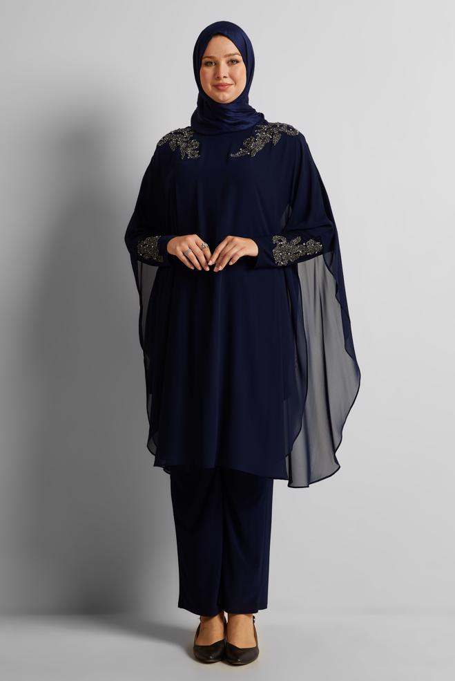 Vêtements hijab BLEU MARINE COSTUME EN MOUSSELINE DE SOIE AVEC PANTALON 20723 - ALVİNA