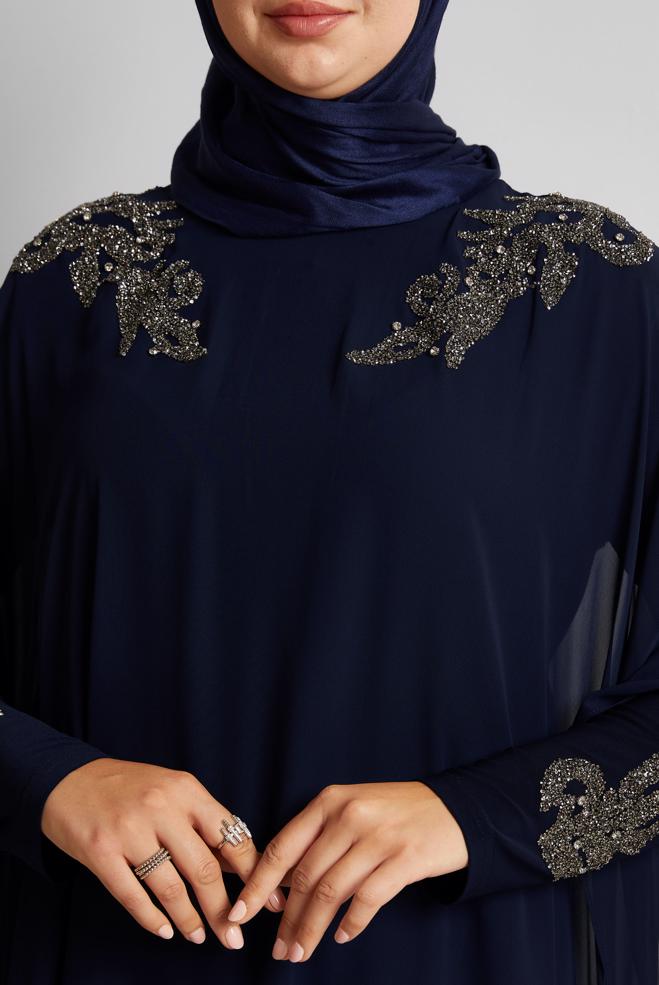 Vêtements hijab BLEU MARINE COSTUME EN MOUSSELINE DE SOIE AVEC PANTALON 20723 - ALVİNA