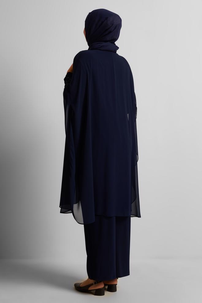 Vêtements hijab BLEU MARINE COSTUME EN MOUSSELINE DE SOIE AVEC PANTALON 20723 - ALVİNA