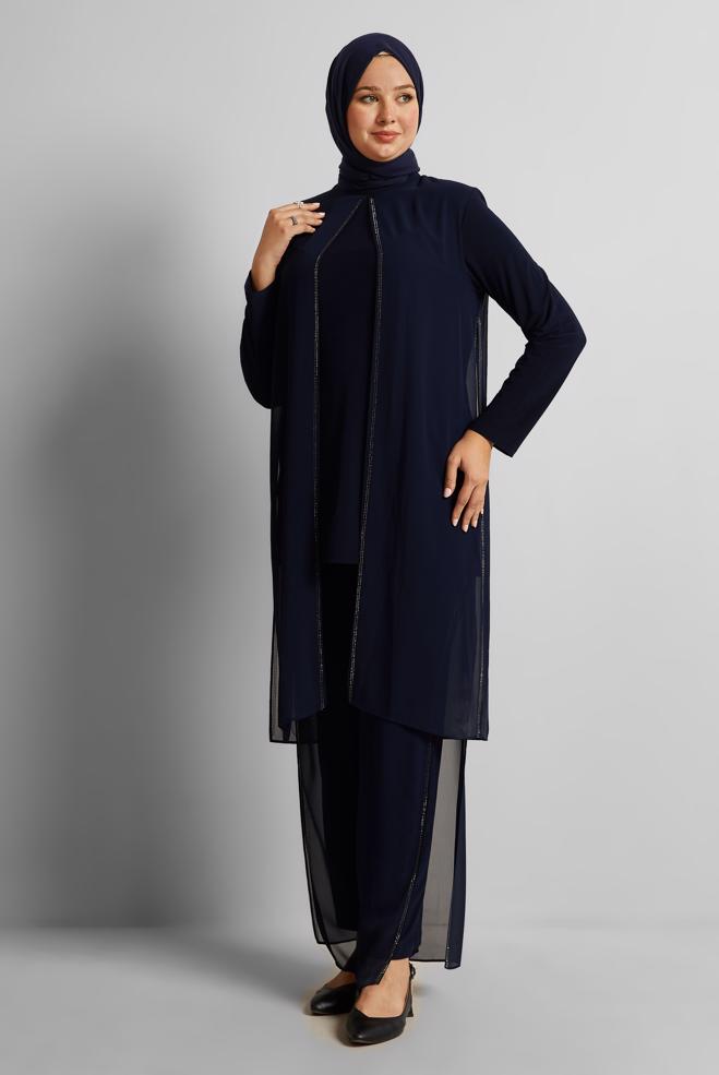 Vêtements hijab BLEU MARINE COSTUME PANTALON EN MOUSSELINE 20724 - ALVİNA