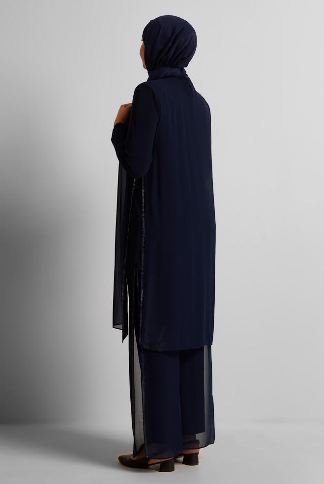 Vêtements hijab BLEU MARINE COSTUME PANTALON EN MOUSSELINE 20724 - ALVİNA