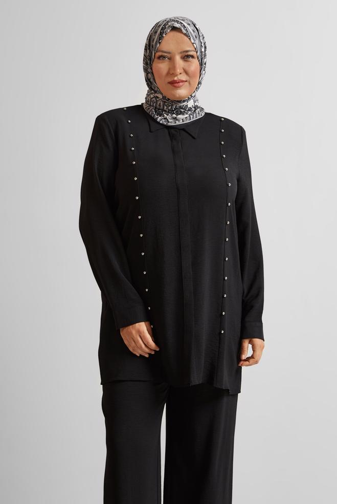 Vêtements hijab NOIR COSTUME PANTALON AVEC PERLES 20731 - ALVİNA