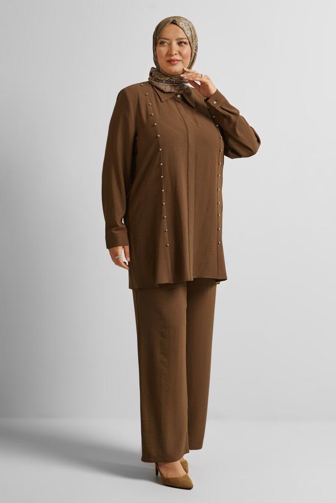 Vêtements hijab BRUN COSTUME PANTALON AVEC PERLES 20731 - ALVİNA