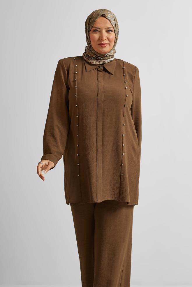 Vêtements hijab BRUN COSTUME PANTALON AVEC PERLES 20731 - ALVİNA