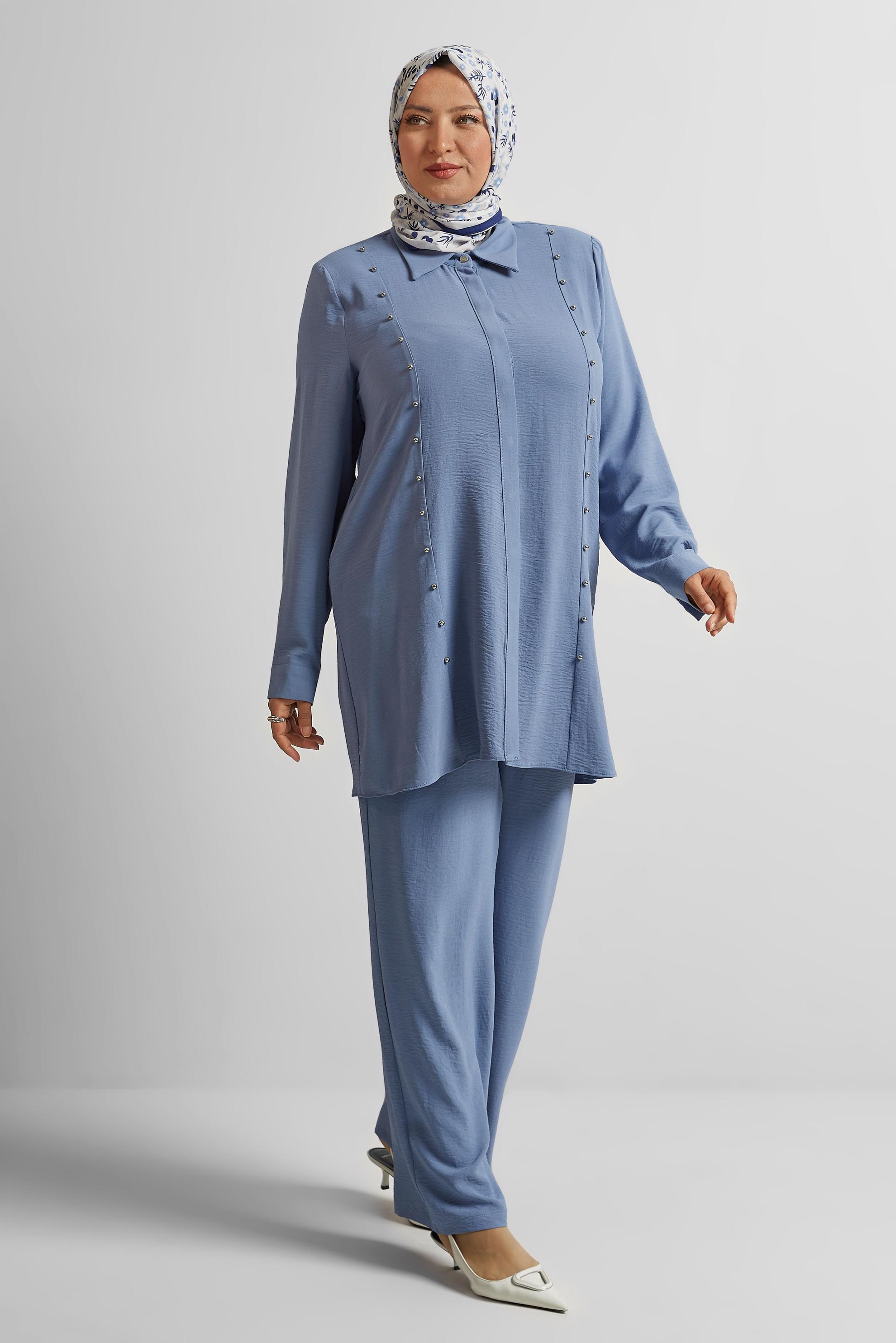 Vêtements hijab BLEU COSTUME PANTALON AVEC PERLES 20731