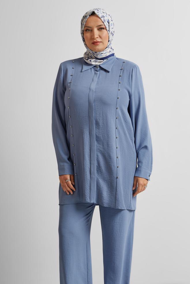 Vêtements hijab BLEU COSTUME PANTALON AVEC PERLES 20731 - ALVİNA