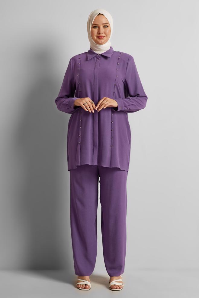 Vêtements hijab POURPRE COSTUME PANTALON AVEC PERLES 20731 - ALVİNA