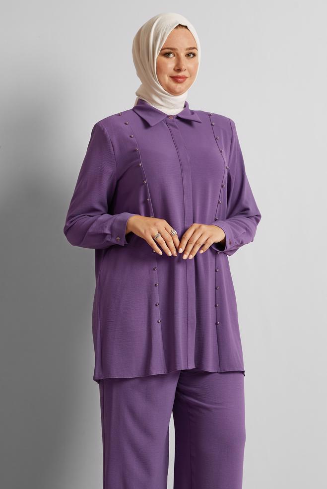 Vêtements hijab POURPRE COSTUME PANTALON AVEC PERLES 20731 - ALVİNA