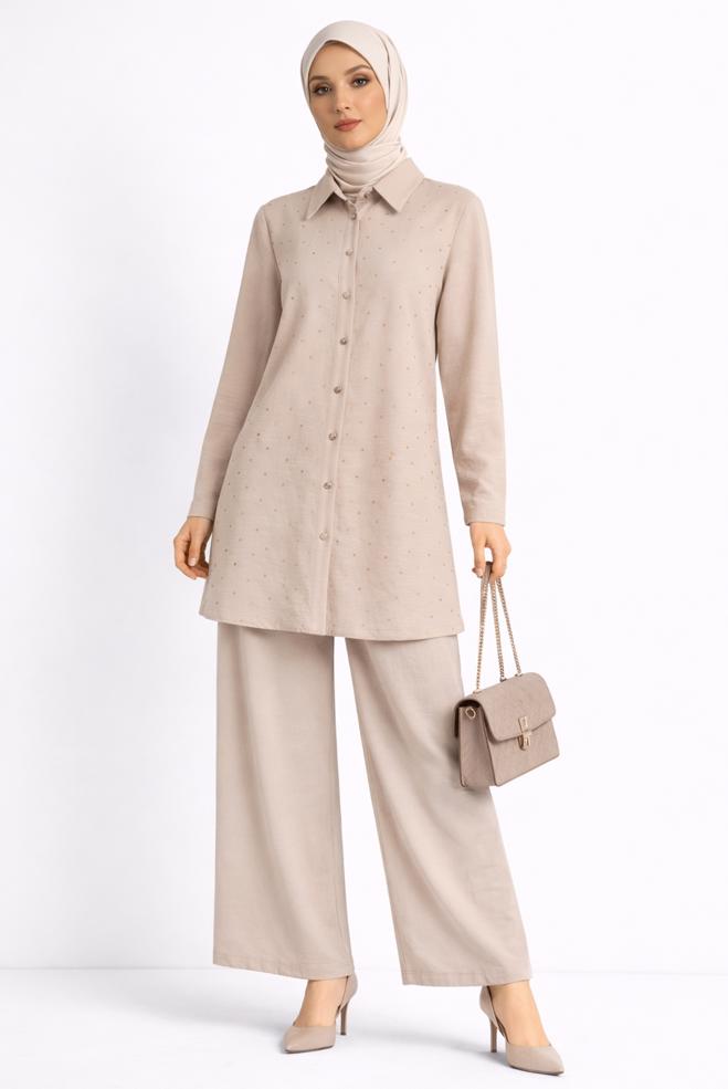 Vêtements hijab BEIGE ENSEMBLE PANTALON DÉTAILLÉ GEMME 20732 - ALVİNA