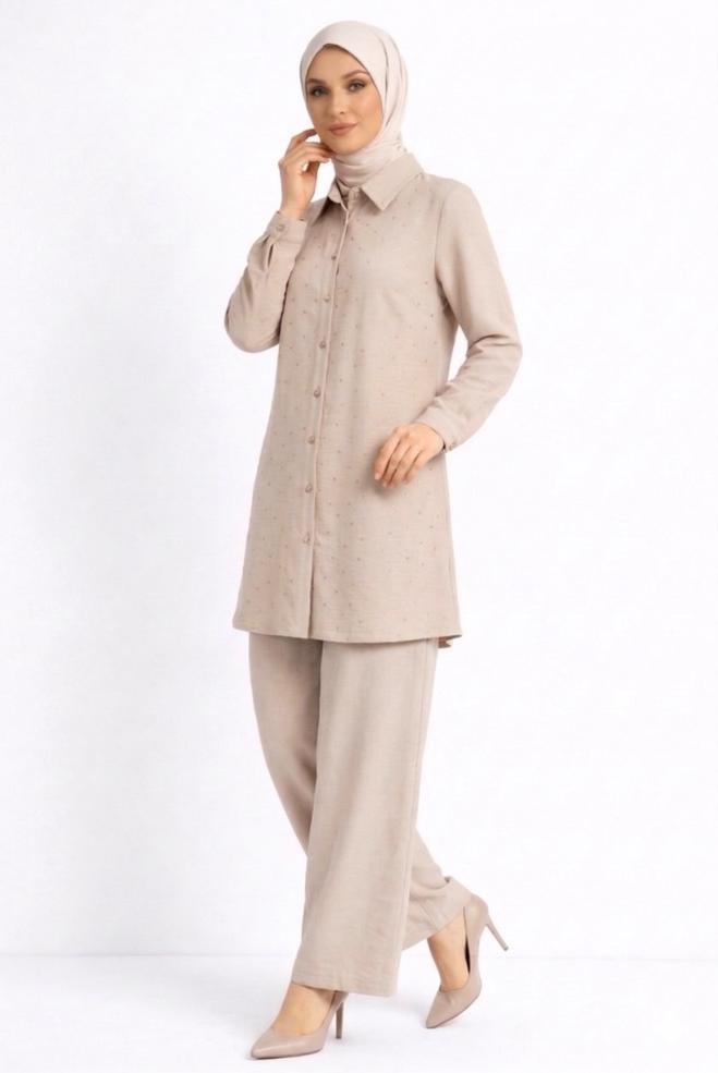 Vêtements hijab BEIGE ENSEMBLE PANTALON DÉTAILLÉ GEMME 20732 - ALVİNA