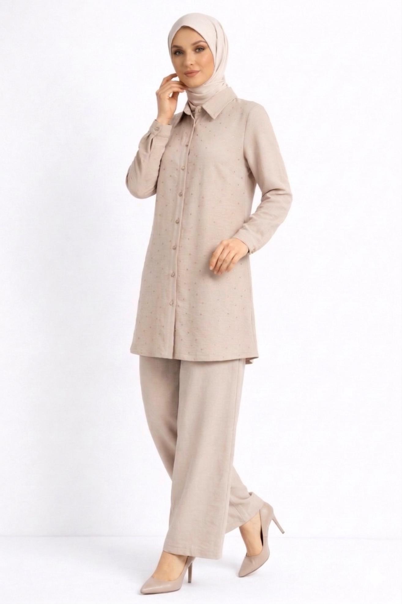 Vêtements hijab BEIGE ENSEMBLE PANTALON DÉTAILLÉ GEMME 20732