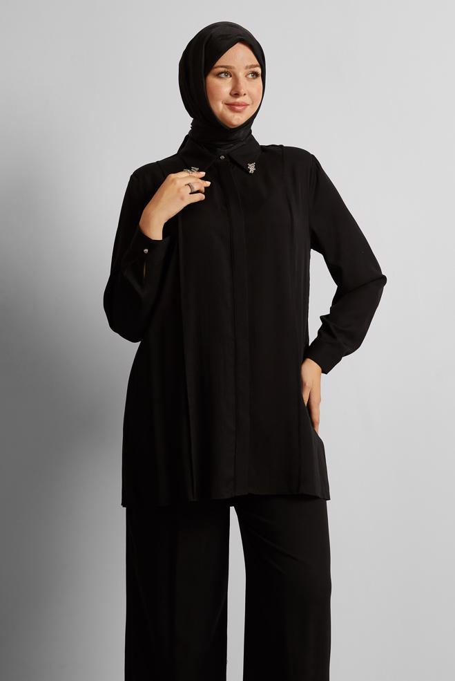 Vêtements hijab NOIR COSTUME PANTALON COL CHEMISE 20733 - ALVİNA