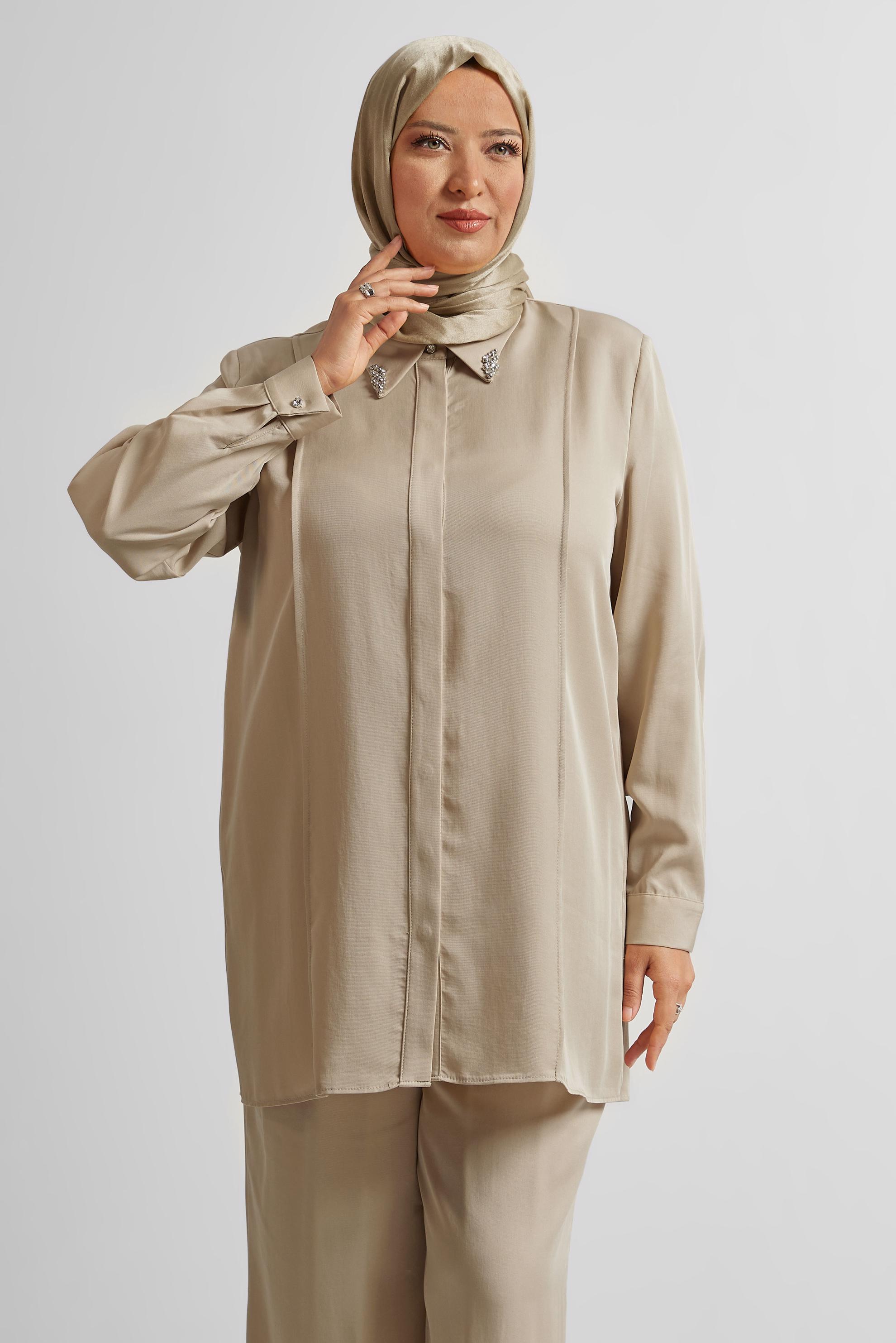 Vêtements hijab BEIGE COSTUME PANTALON COL CHEMISE 20733