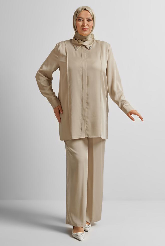 Vêtements hijab BEIGE COSTUME PANTALON COL CHEMISE 20733 - ALVİNA