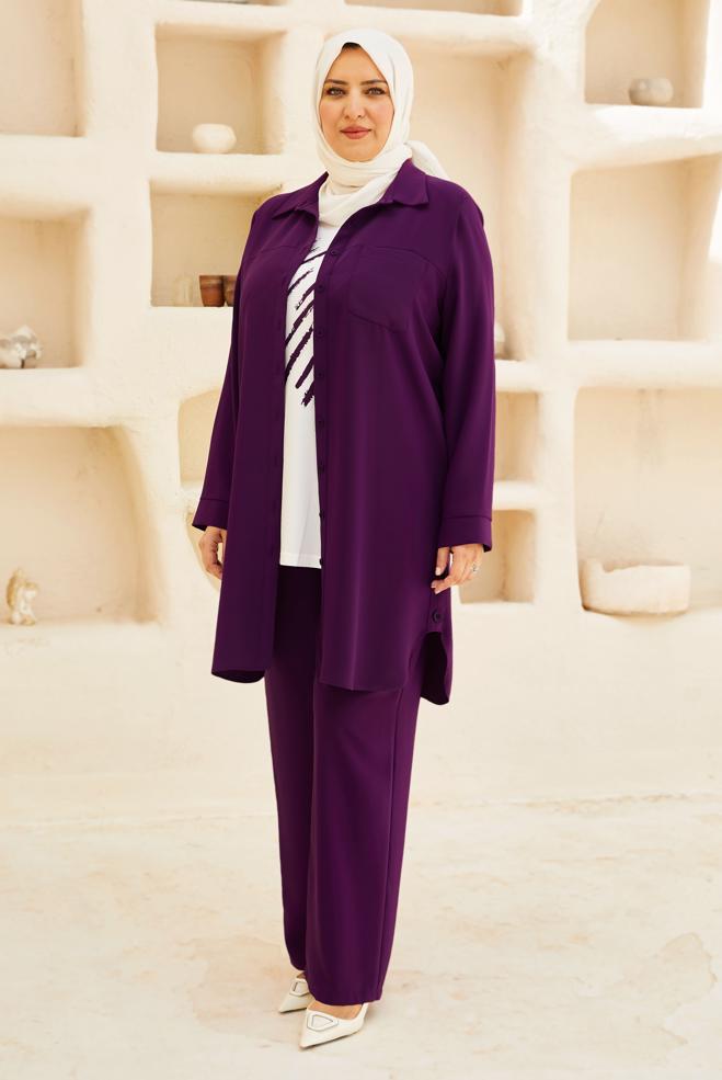 Vêtements hijab POURPRE COSTUME PANTALON TROIS PIÈCES 20734 - ALVİNA