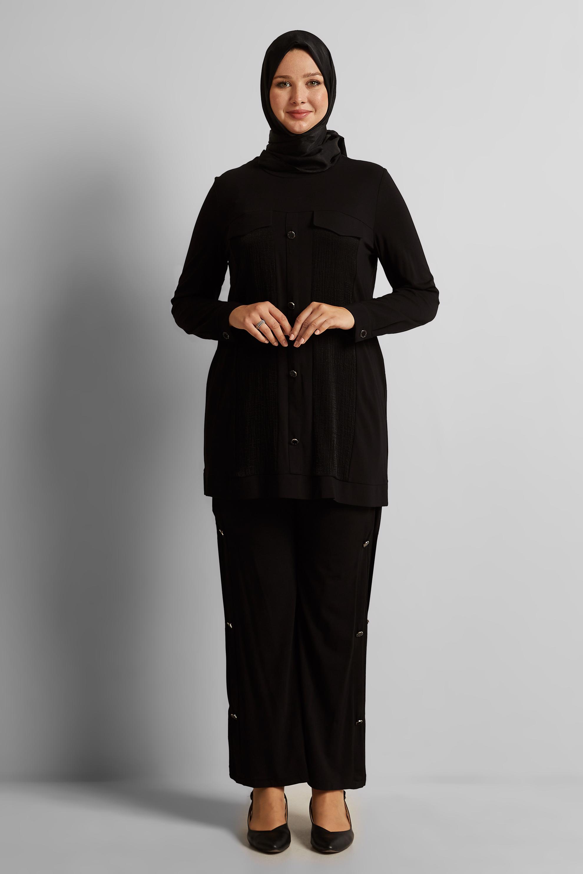 Tesettür giyim SİYAH DÜĞME DETAYLI PANTOLONLU TAKIM 20746