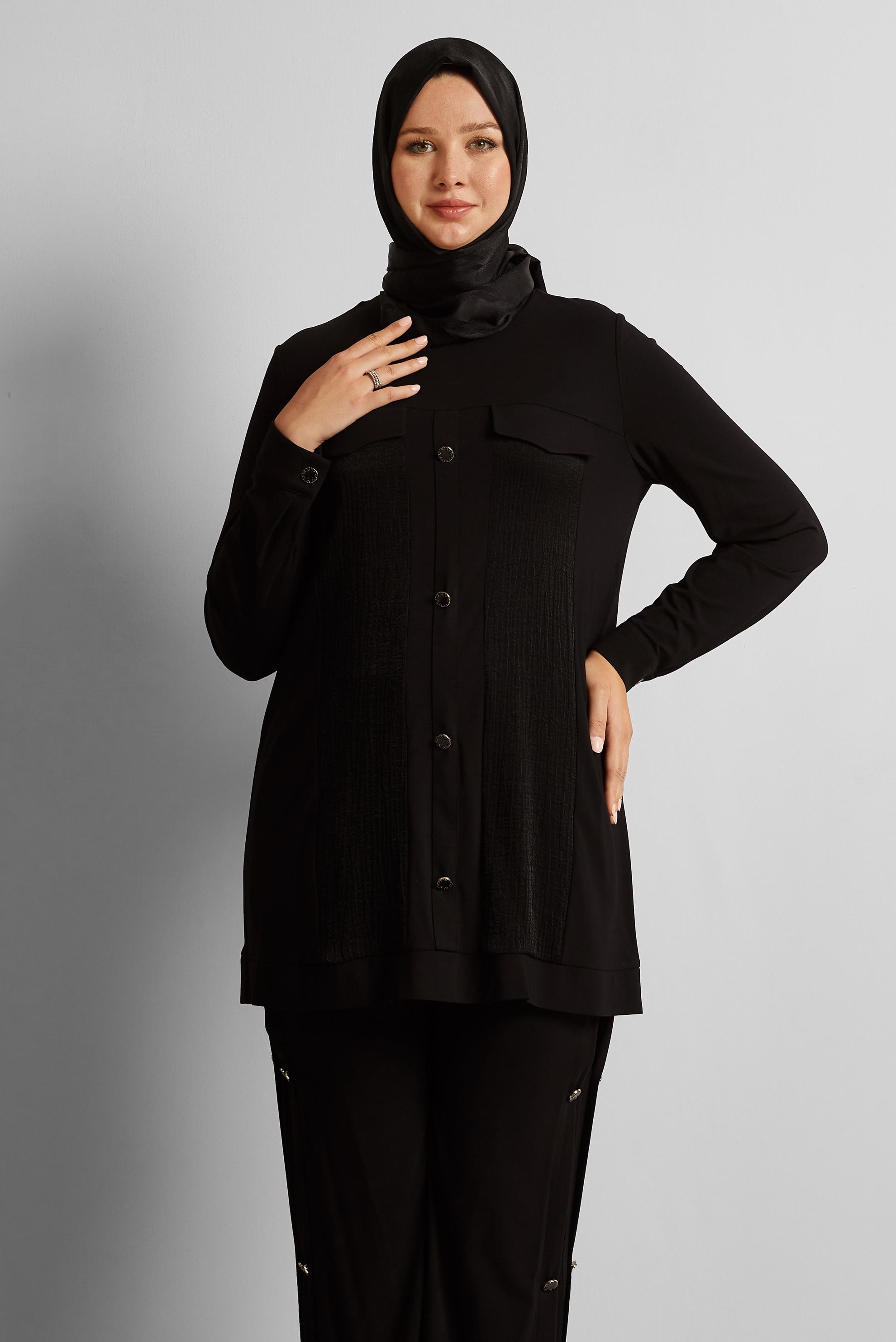 Tesettür giyim SİYAH DÜĞME DETAYLI PANTOLONLU TAKIM 20746