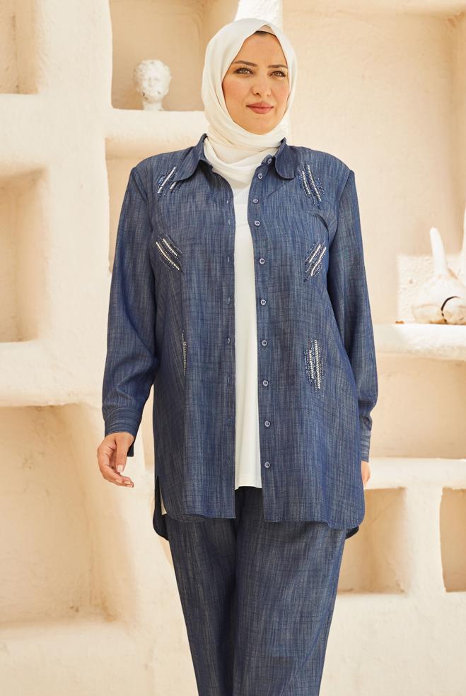 Vêtements hijab BLEU MARINE TUNIQUE TEXTURÉE EN LIN 20776 - ALVİNA