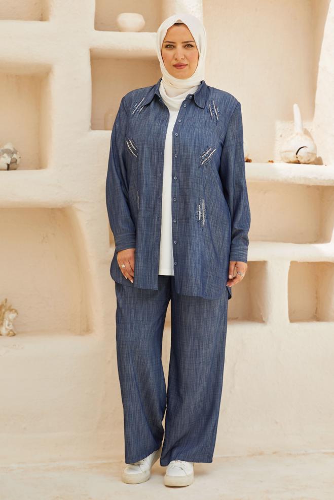 Vêtements hijab BLEU MARINE TUNIQUE TEXTURÉE EN LIN 20776 - ALVİNA