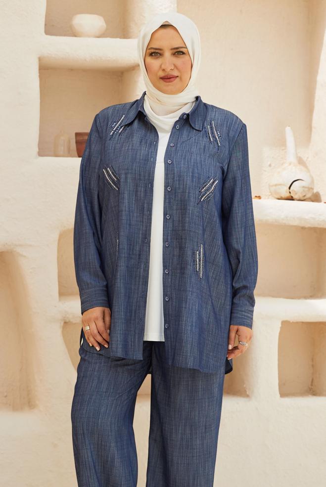 Vêtements hijab BLEU MARINE TUNIQUE TEXTURÉE EN LIN 20776 - ALVİNA