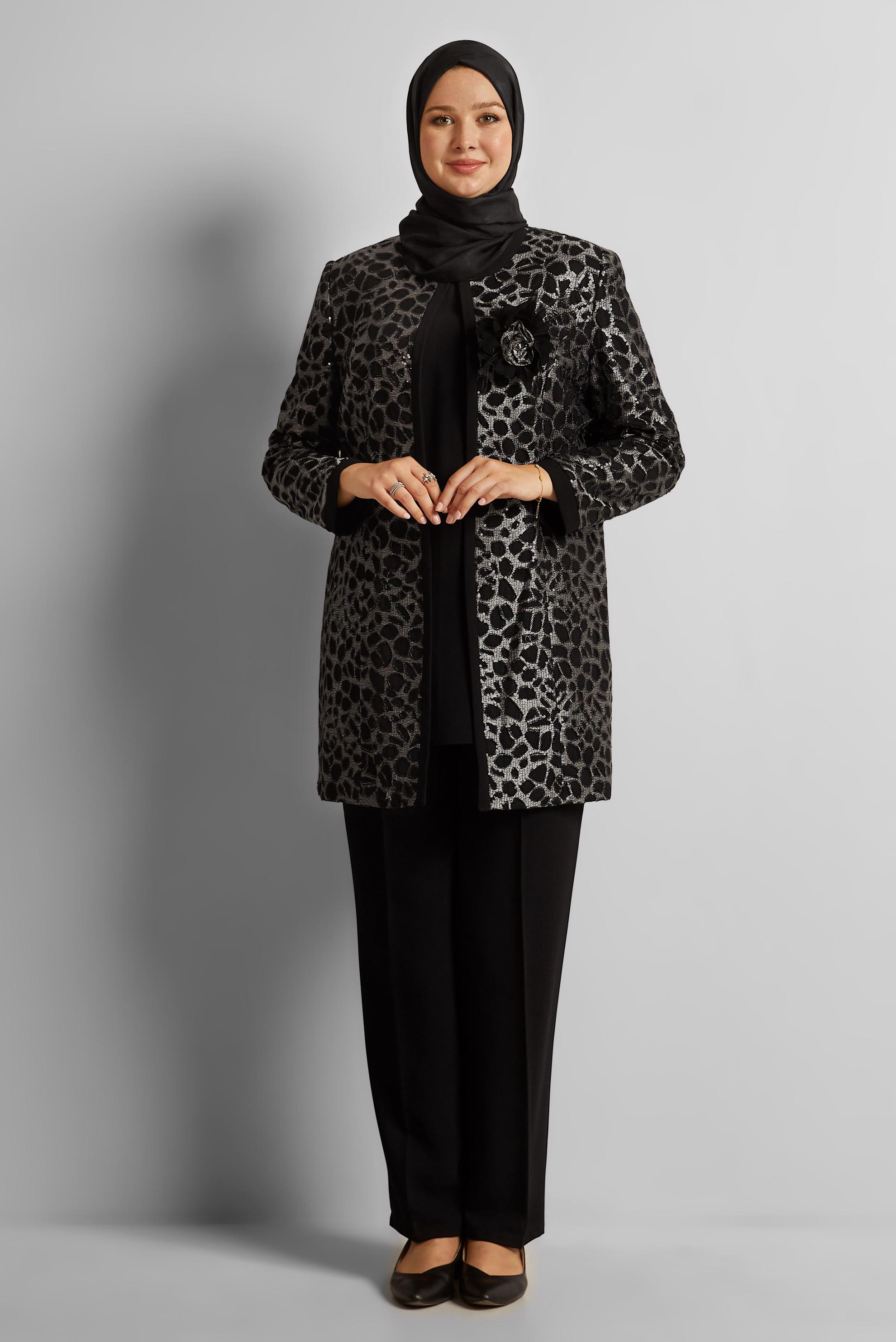 Vêtements hijab NOIR COSTUME PANTALON TROIS PIÈCES À MOTIFS 30452