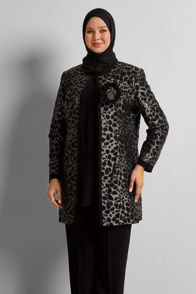 Vêtements hijab NOIR COSTUME PANTALON TROIS PIÈCES À MOTIFS 30452 - ALVİNA